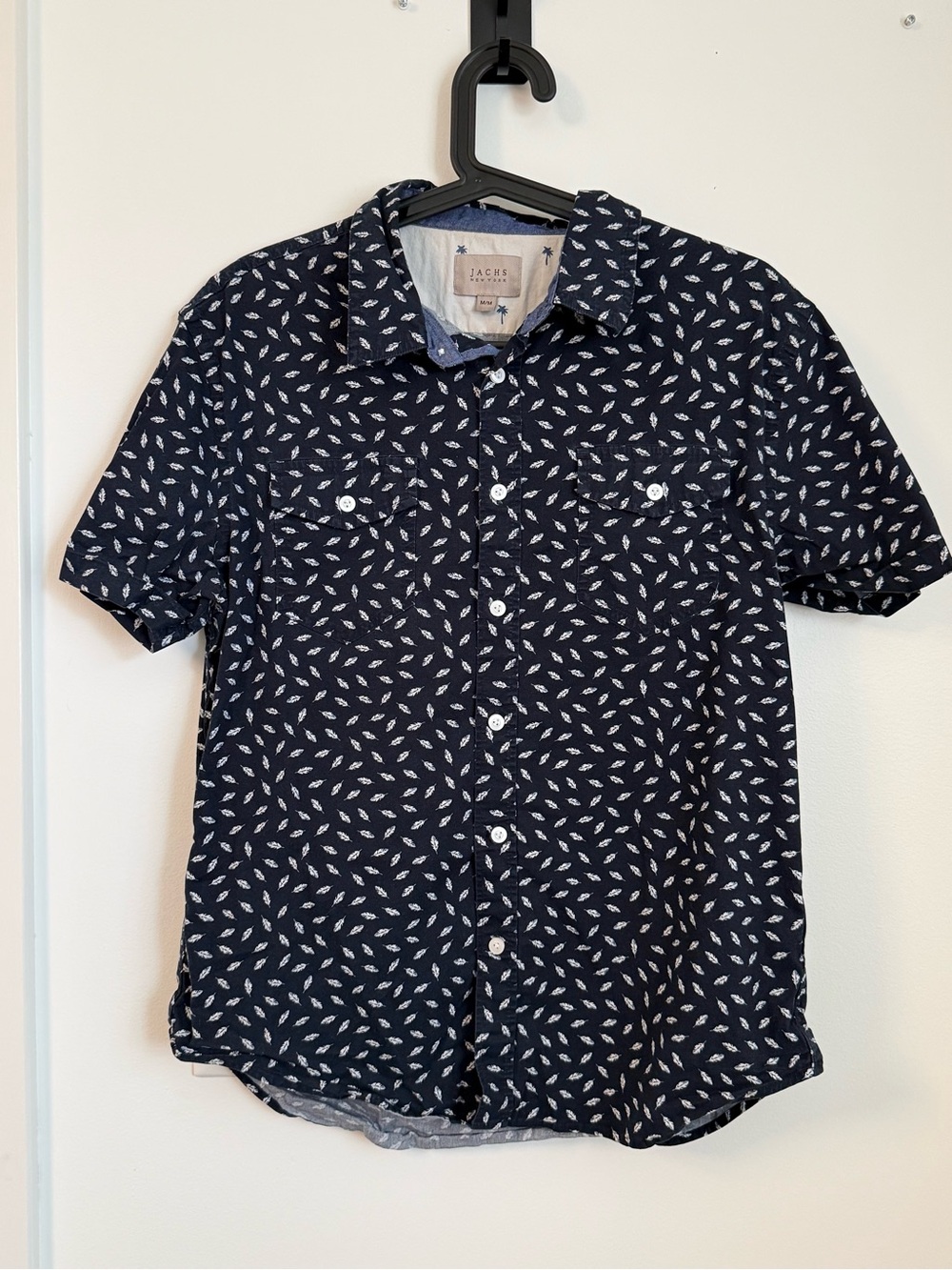 Jachs Navy Short-Sleeve Button-Down with White Leaf Print